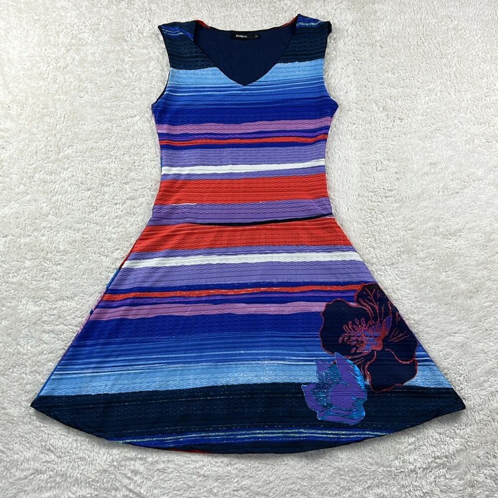 Desigual blue,‎ pink, orange, purple striped drop waist dress, size med